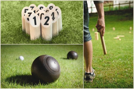 Three photos of lawn games, Molkyy in the upper left, kubb on the right and lawn bowling in the bottom left