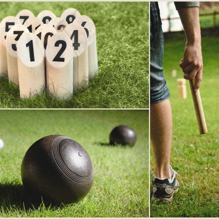 Three photos of lawn games, Molkyy in the upper left, kubb on the right and lawn bowling in the bottom left