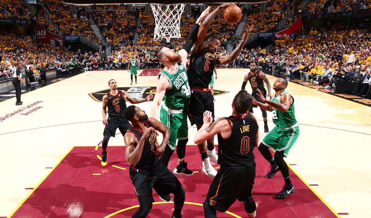 JR Smith #5 of the Cleveland Cavaliers grabs the rebound against the Boston Celtics in Game Three of the Eastern Conference Finals of the 2018 NBA Playoffs on May 19, 2018 at Quicken Loans Arena in Cleveland, Ohio. (Photo by Nathaniel S. Butler/NBAE via Getty Images)
