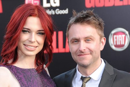 TV personality/comic Chris Hardwick (R) and actress Chloe Dykstra arrive at the Los Angeles premiere of 'Godzilla' held on May 8, 2014 at Dolby Theatre in Hollywood, California.  (Photo by Barry King/FilmMagic)