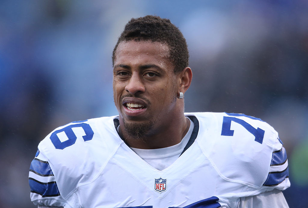 Greg Hardy #76 of the Dallas Cowboys warms up before the start of their game against the Buffalo Bills during NFL game action at Ralph Wilson Stadium on December 27, 2015 in Orchard Park, New York. (Photo by Tom Szczerbowski/Getty Images)