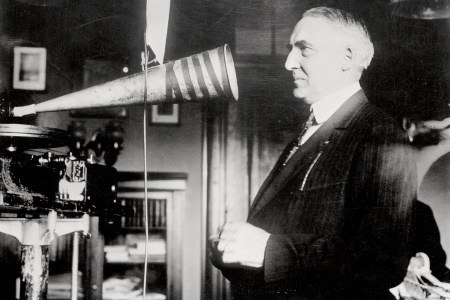 Senator Warren Harding, campaigning in 1920, making a phonograph record of a speech in his office. (Getty)