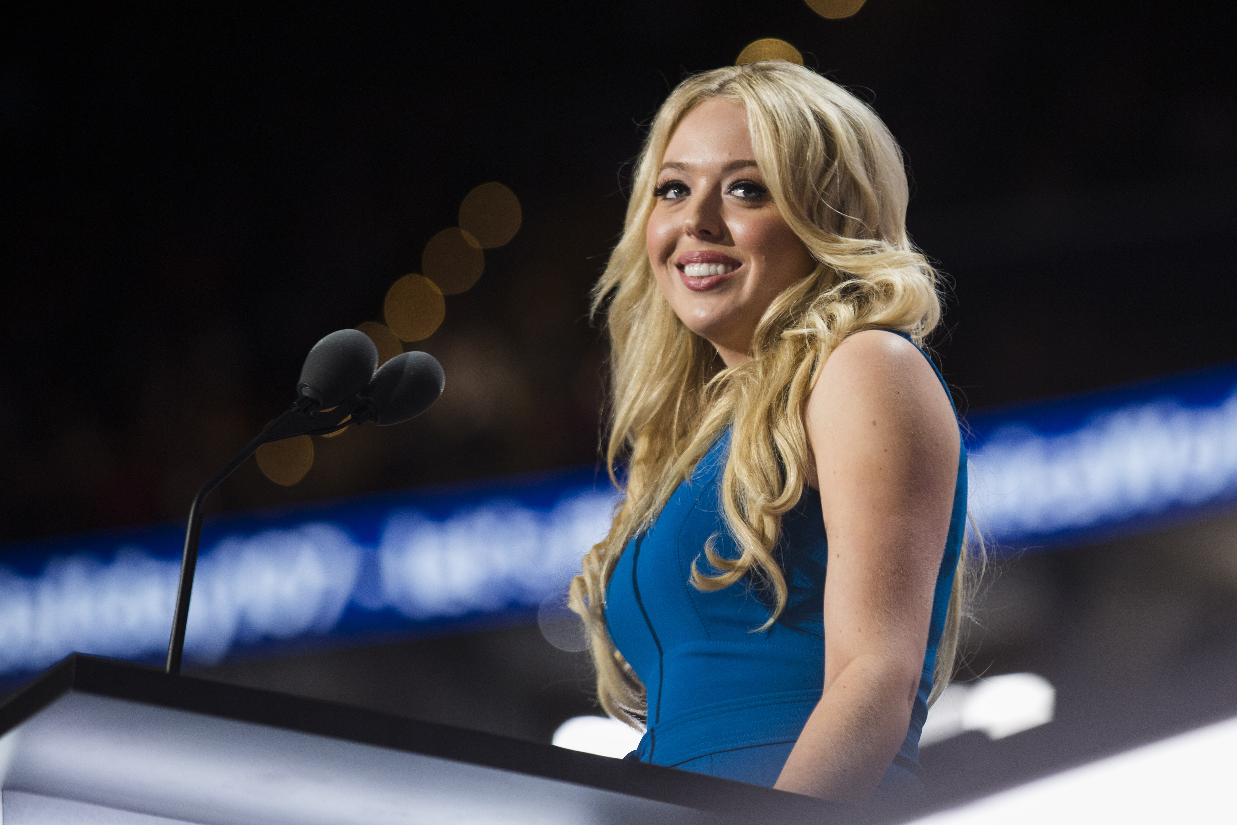 Tiffany Trump, daughter of then nominee Donald Trump, speaks at the Republican Convention, July 19, 2016 at the Quicken Loans Arena in Cleveland, Ohio. (Photo by Brooks Kraft/ Getty Images)