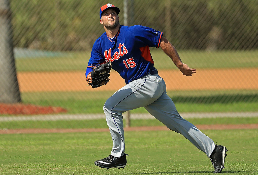 Tim Tebow #15 of the New York Mets works out at an instructional league day at Tradition Field on September 19, 2016 in Port St. Lucie, Florida.  (Mike Ehrmann/Getty Images)