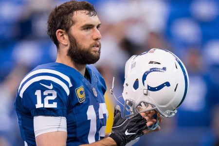 Indianapolis Colts quarterback Andrew Luck (12) on the field before the NFL game between the Jacksonville Jaguars and Indianapolis Colts on January 1, 2017, at Lucas Oil Stadium in Indianapolis, IN.  (Photo by Zach Bolinger/Icon Sportswire via Getty Images)