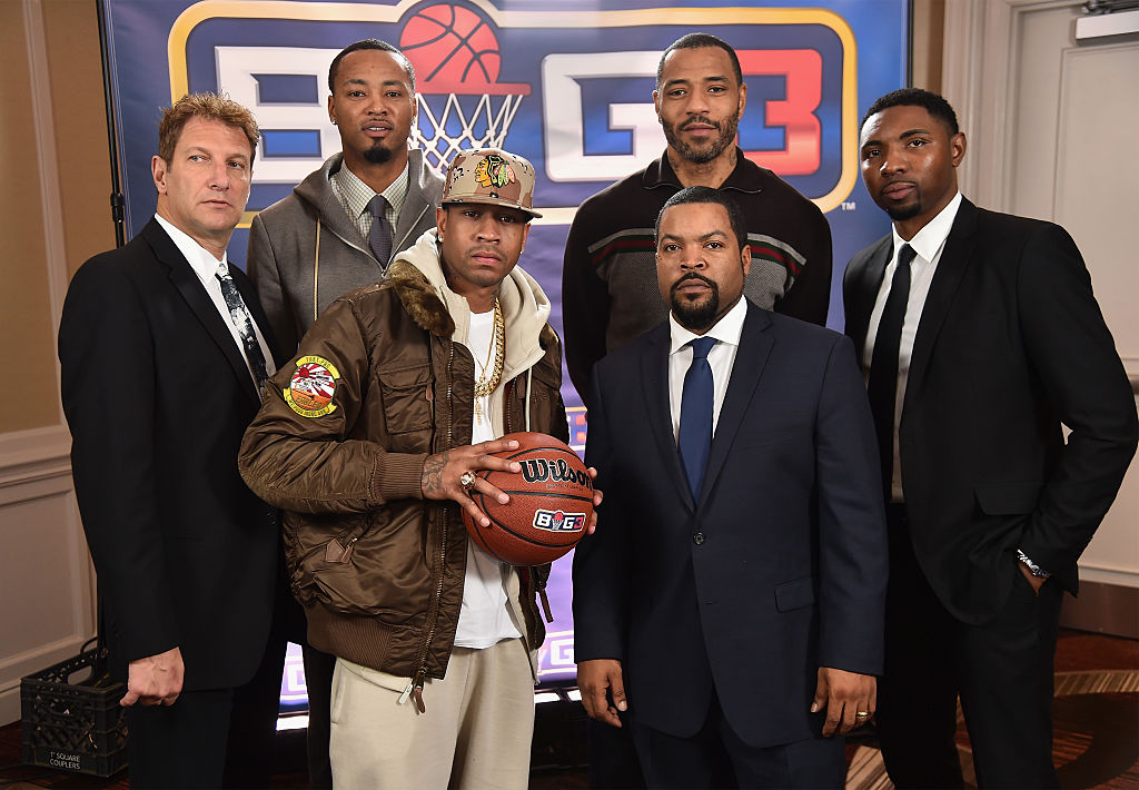 Jeff Kwatinetz, Rashard Lewis, Allen Iverson, Ice Cube, Kenyon Martin, and Roger Mason Jr. attend a press conference announcing  the launch of the BIG3, a new, professional 3-on-3 basketball league, on January 11, 2017 in New York City.  (Photo by Michael Loccisano/Getty Images for BIG3)