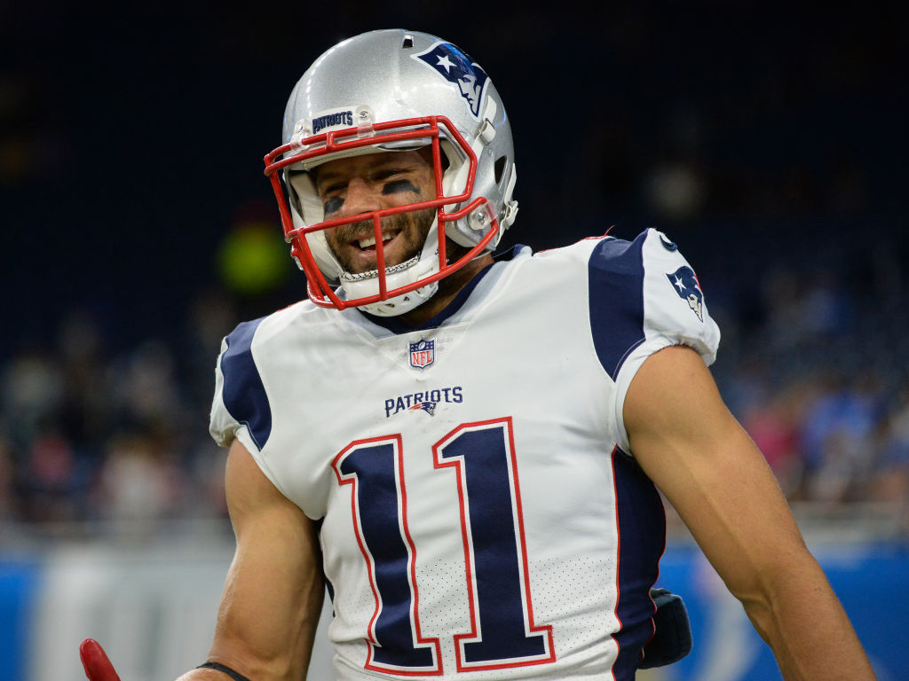 Wide receiver Julian Edelman #11 of the New England Patriots smiles as he walks toward the sideline prior to a preseason game on August 25, 2017 against the Detroit Lions at Ford Field in Detroit, Michigan. New England won 30-28. (Photo by: 2017 Nick Cammett/Diamond Images/Getty Images)