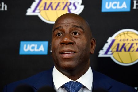 Earvin 'Magic' Johnson, president of basketball operations of the Los Angeles Lakers, speaks during media day September 25, 2017, in El Segundo, California. (Photo by Kevork Djansezian/Getty Images)