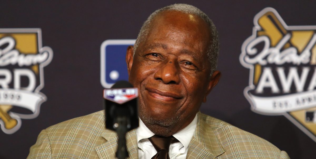 Baseball Hall of Famer Hank Aaron attends the 2017 Hank Aaron Award press conference prior to game two of the 2017 World Series between the Houston Astros and the Los Angeles Dodgers at Dodger Stadium on October 25, 2017 in Los Angeles, California.  (Photo by Tim Bradbury/Getty Images)