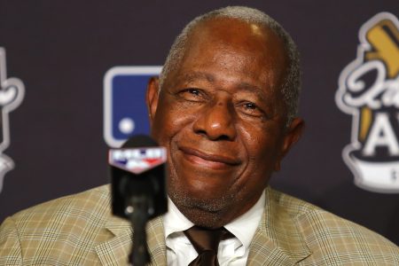 Baseball Hall of Famer Hank Aaron attends the 2017 Hank Aaron Award press conference prior to game two of the 2017 World Series between the Houston Astros and the Los Angeles Dodgers at Dodger Stadium on October 25, 2017 in Los Angeles, California.  (Photo by Tim Bradbury/Getty Images)