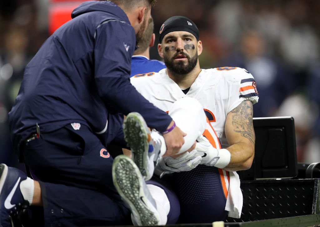 Zach Miller #86 of the Chicago Bears is carted off the field after sustaining an injury during the third quarter against the New Orleans Saints at the Mercedes-Benz Superdome on October 29, 2017 in New Orleans, Louisiana.  (Photo by Chris Graythen/Getty Images)