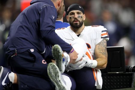 Zach Miller #86 of the Chicago Bears is carted off the field after sustaining an injury during the third quarter against the New Orleans Saints at the Mercedes-Benz Superdome on October 29, 2017 in New Orleans, Louisiana.  (Photo by Chris Graythen/Getty Images)