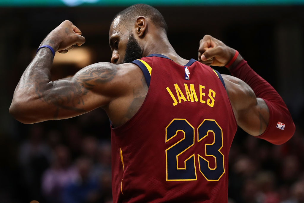 LeBron James #23 of the Cleveland Cavaliers celebrates a second half basket while playing the Indiana Pacers at Quicken Loans Arena on November 1, 2017 in Cleveland, Ohio. Indiana won the game 124-107. (Photo by Gregory Shamus/Getty Images)