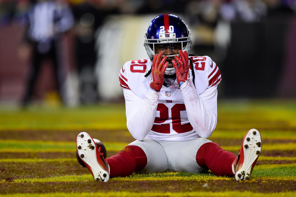 Cornerback Janoris Jenkins #20 of the New York Giants reacts after a play in the second quarter against the Washington Redskins at FedExField on November 23, 2017 in Landover, Maryland. (Photo by Patrick McDermott/Getty Images)