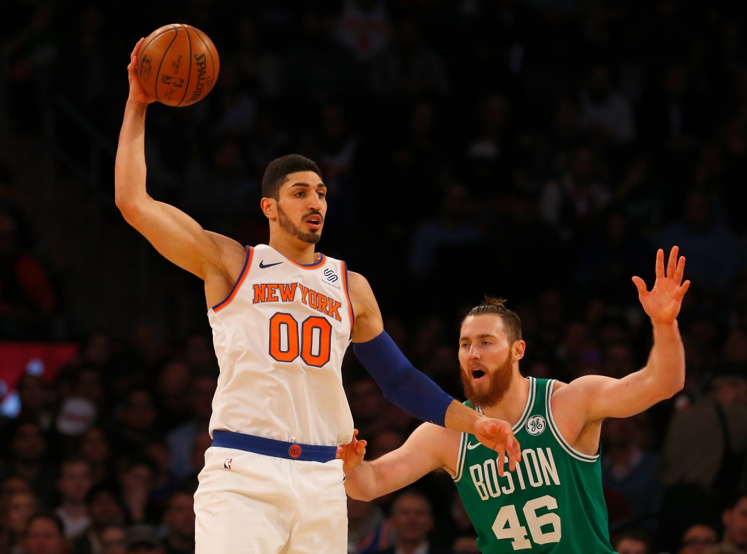 Enes Kanter #00 of the New York Knicks in action against Aron Baynes #46 of the Boston Celtics at Madison Square Garden on December 21, 2017 in New York City. (Photo by Jim McIsaac/Getty Images)