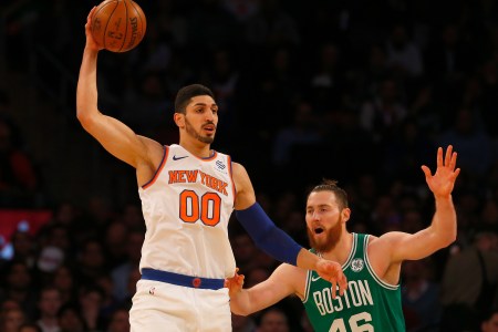 Enes Kanter #00 of the New York Knicks in action against Aron Baynes #46 of the Boston Celtics at Madison Square Garden on December 21, 2017 in New York City. (Photo by Jim McIsaac/Getty Images)