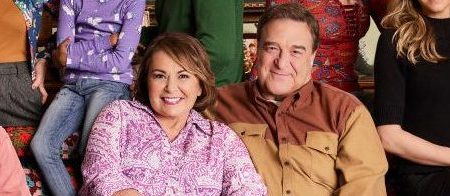 ABC's "Roseanne" stars Ames McNamara as Mark, Sara Gilbert as Darlene Conner, Laurie Metcalf as Jackie Harris, Emma Kenney as Harris Conner, Jayden Rey as Mary, Roseanne Barr as Roseanne Conner, Michael Fishman as D.J. Conner, John Goodman as Dan Conner, Lecy Goranson as Becky Conner, and Sarah Chalke as Andrea. (Robert Trachtenberg/ABC via Getty Images)
