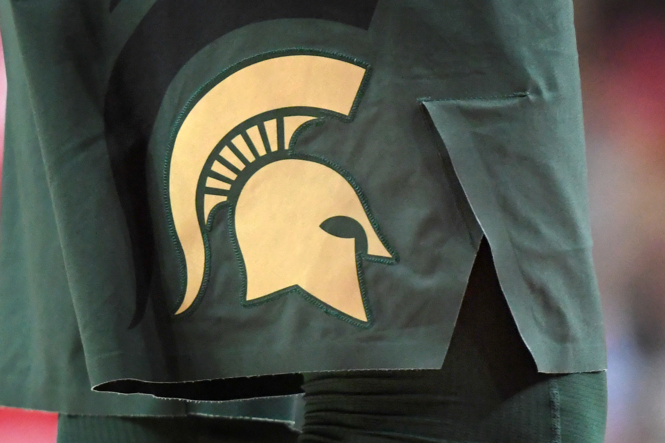 The Michigan State Spartans logo on a pair of shorts during a college basketball game against the Maryland Terrapins at The Xfinity Center on January 28, 2018 in College Park, Maryland.  The Spartans won 74-68.  (Photo by Mitchell Layton/Getty Images) 