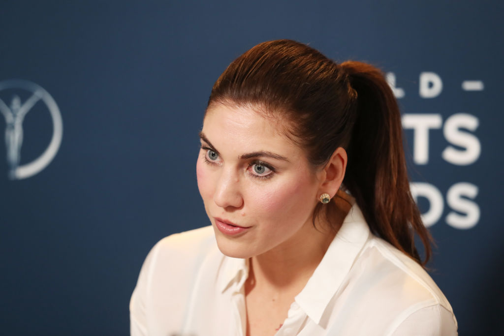 MONACO - FEBRUARY 26:  Hope Solo is interviewed prior to the 2018 Laureus World Sports Awards at Le Meridien Beach Plaza Hotel on February 26, 2018 in Monaco, Monaco.  (Photo by Boris Streubel/Getty Images for Laureus)