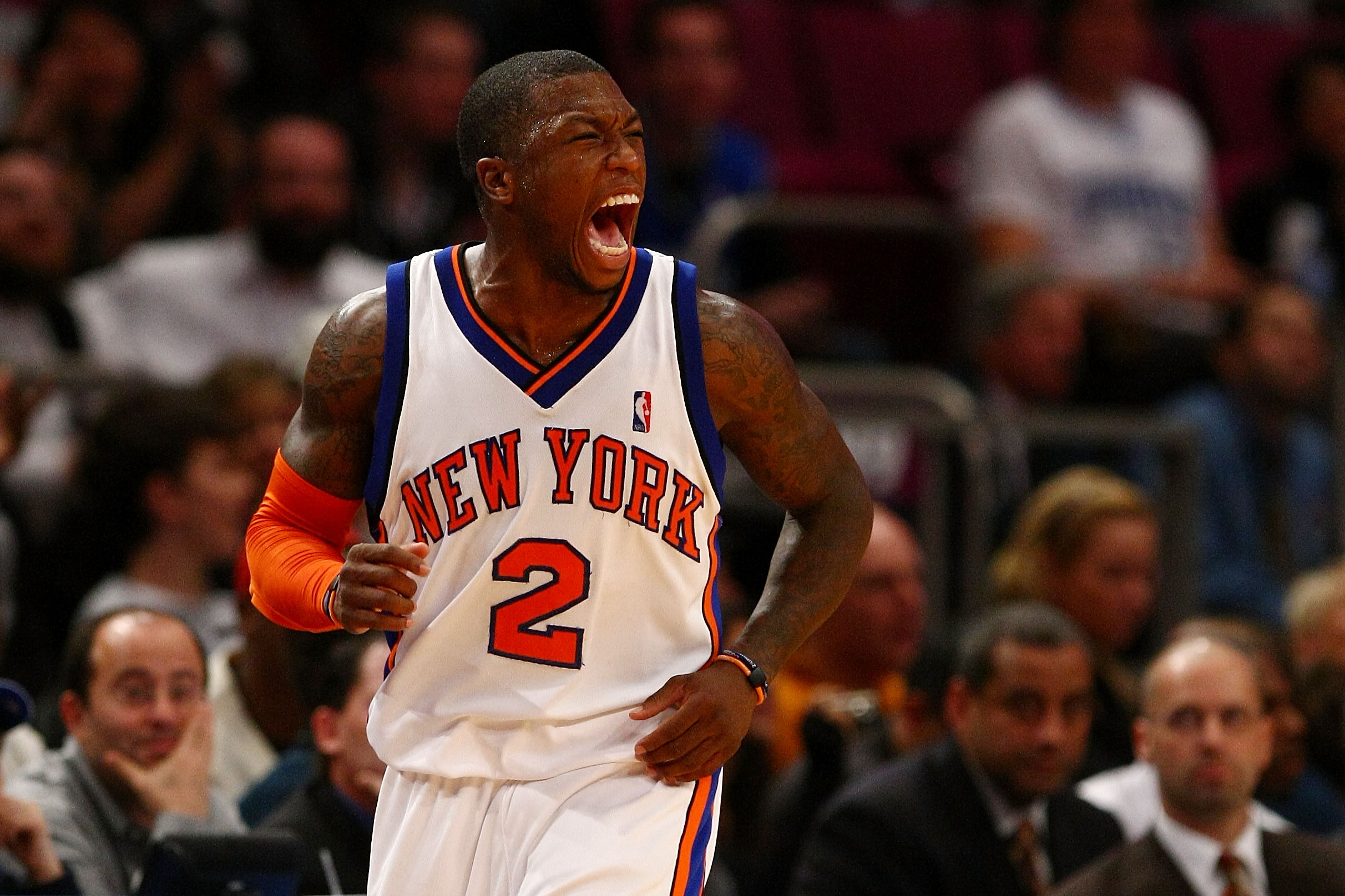 Nate Robinson #2 of the New York Knicks celebrates a three pointer against the Orlando Magic at Madison Square Garden November 29, 2009 in New York City. (Photo by Chris McGrath/Getty Images)