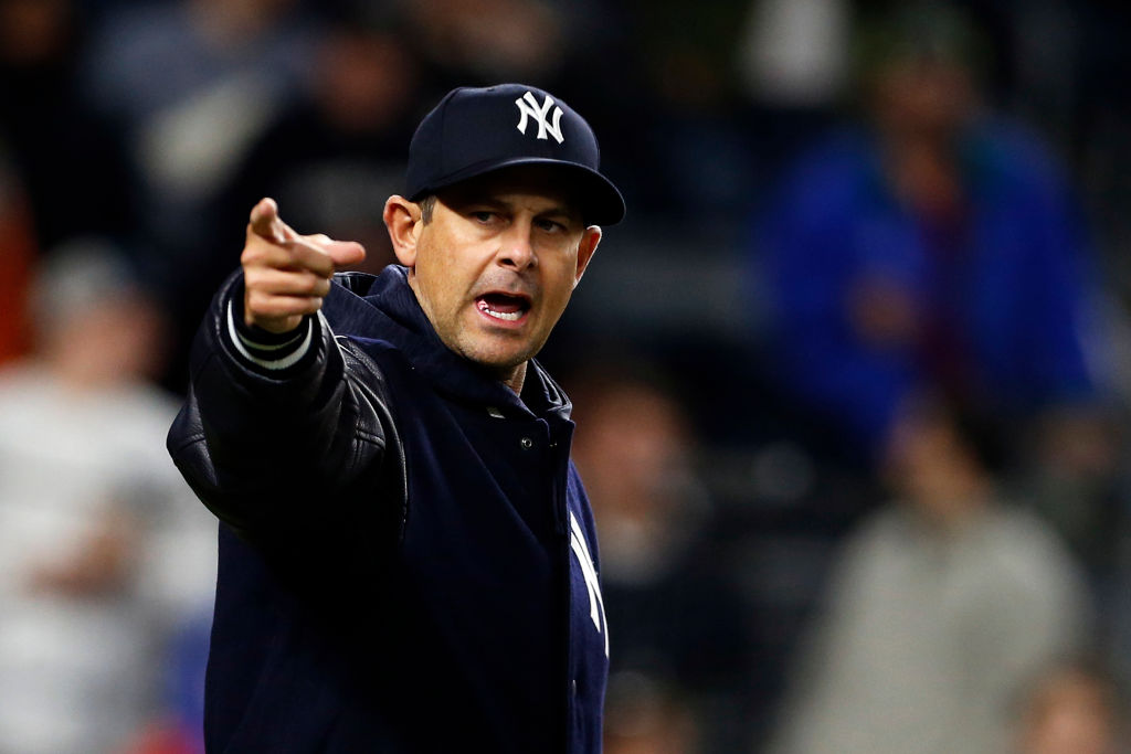 Aaron Boone #17 of the New York Yankees gestures against the Baltimore Orioles during the ninth inning at Yankee Stadium on April 6, 2018 in the Bronx borough of New York City. (Photo by Adam Hunger/Getty Images)