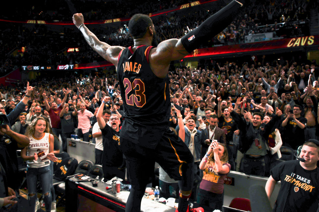 LeBron James #23 of the Cleveland Cavaliers and Cleveland Cavaliers fans react after game winning shot against the Toronto Raptors after Game Three of the Eastern Conference Semi Finals of the 2018 NBA Playoffs against the Toronto Raptors on May 5, 2018 at Quicken Loans Arena in Cleveland, Ohio. (Photo by Jeff Haynes/NBAE via Getty Images)