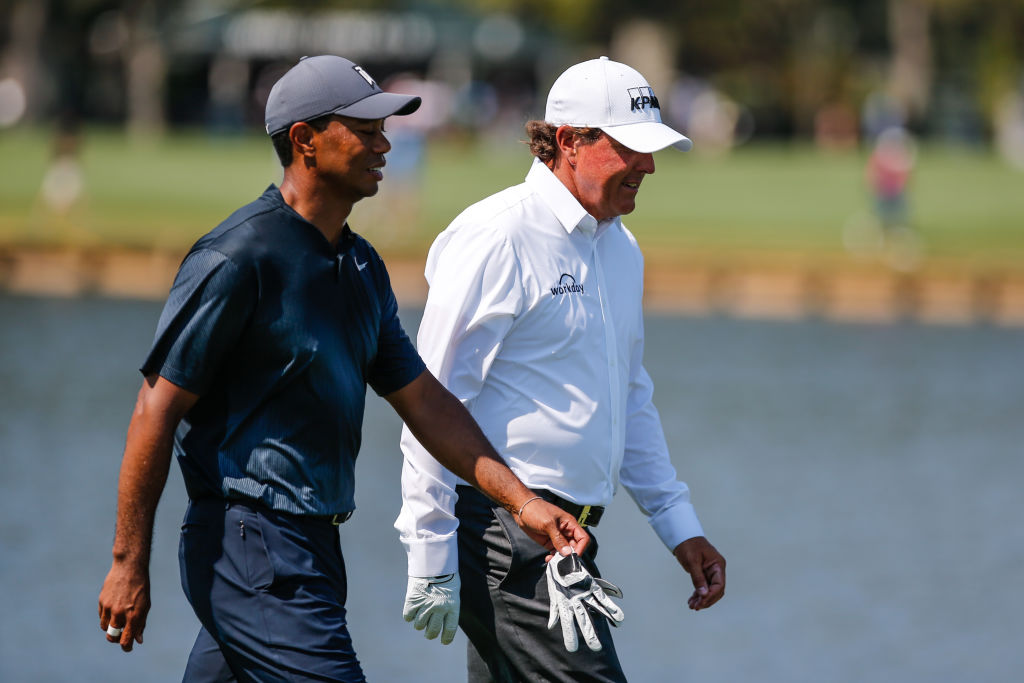 PONTE VEDRA BEACH, FL - MAY 11: Tiger Woods and Phil Mickelson walk the fairway together during THE PLAYERS Championship on May 11, 2018 at TPC Sawgrass in Ponte Vedra Beach, Fl.  (Photo by David Rosenblum/Icon Sportswire via Getty Images)