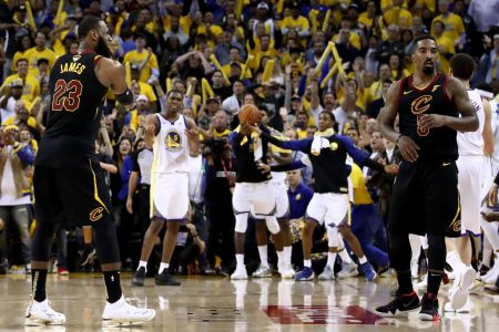 LeBron James #23 and JR Smith #5 of the Cleveland Cavaliers react as time expries in regulation against the Golden State Warriors  in Game 1 of the 2018 NBA Finals at ORACLE Arena on May 31, 2018 in Oakland, California.  (Photo by Ezra Shaw/Getty Images)