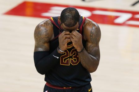LeBron James #23 of the Cleveland Cavaliers reacts against the Golden State Warriors in Game 1 of the 2018 NBA Finals at ORACLE Arena on May 31, 2018 in Oakland, California. (Photo by Lachlan Cunningham/Getty Images)