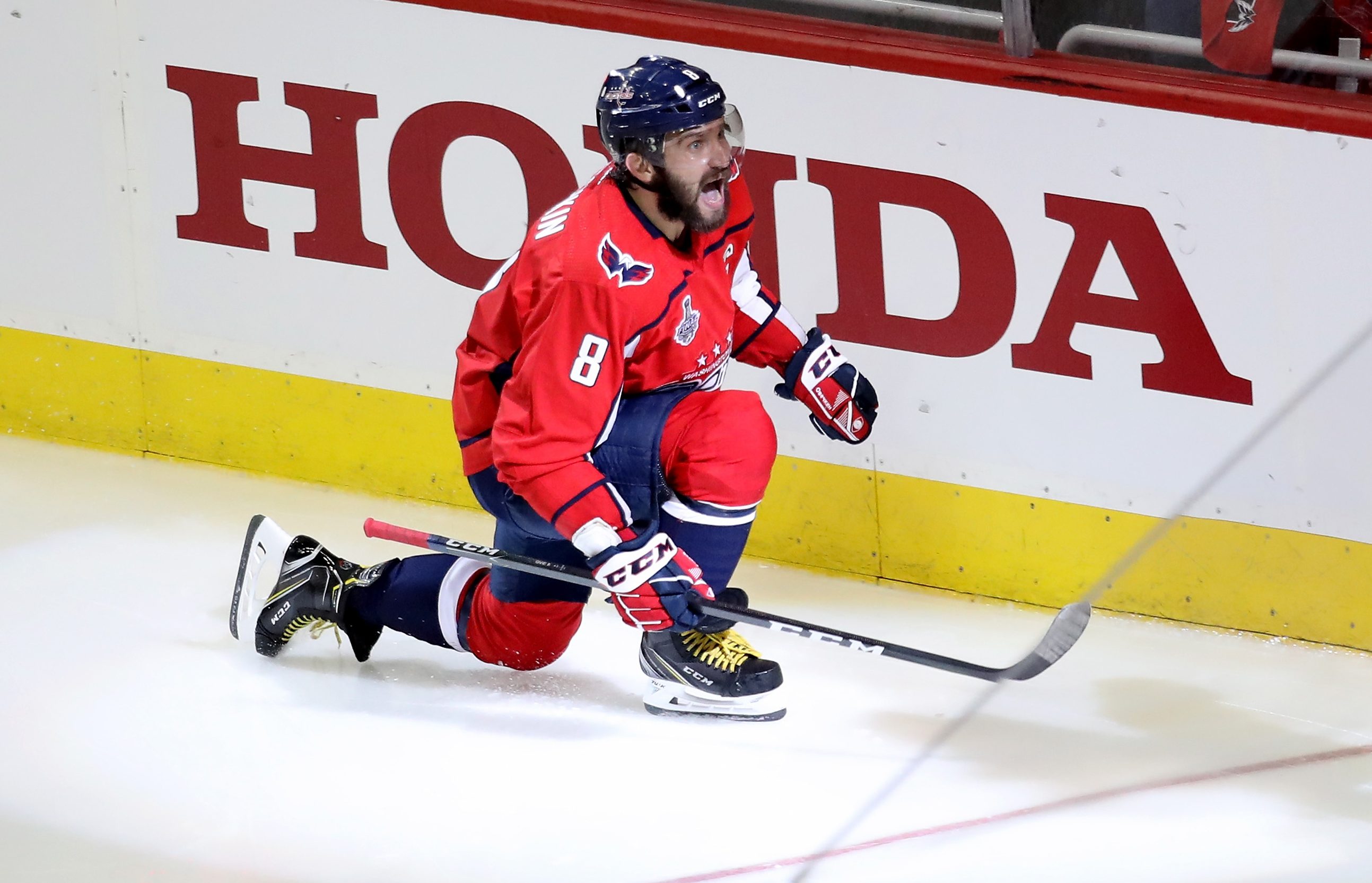 Alex Ovechkin #8 of the Washington Capitals celebrates after scoring a goal on Marc-Andre Fleury #29 of the Vegas Golden Knights during the second period in Game Three of the 2018 NHL Stanley Cup Final at Capital One Arena on June 2, 2018 in Washington, DC. (Photo by Rob Carr/Getty Images)