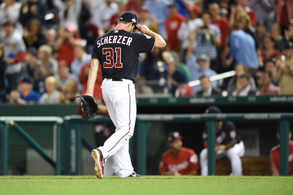 Max Scherzer #31 of the Washington Nationals acknowledges the crowd cheering when walking back to the dug out after the eight during a baseball game against the Tampa Bay Rays at Nationals Park on June 5, 2018 in Washington, DC.  (Photo by Mitchell Layton/Getty Images)