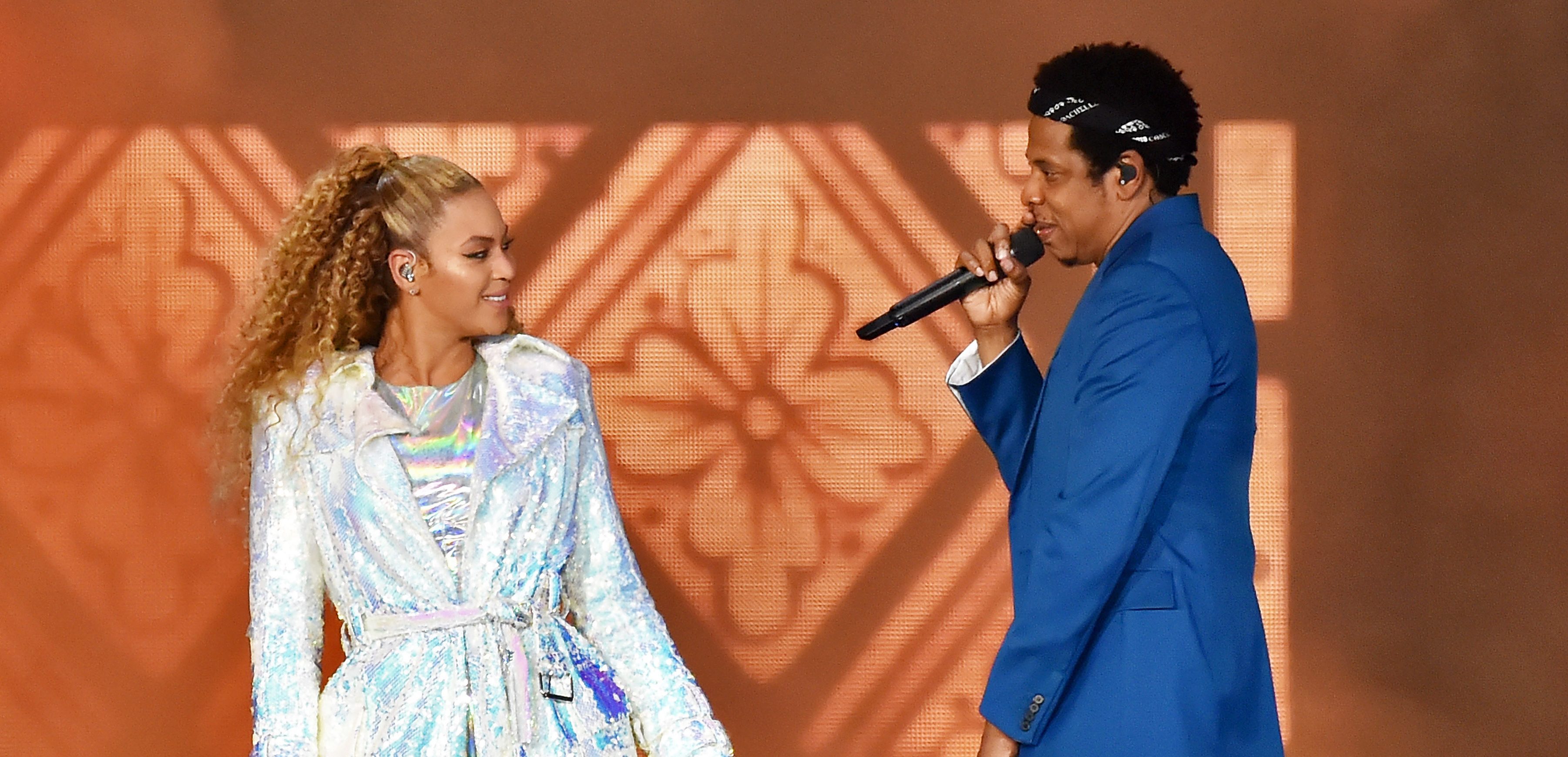 Beyonce Knowles and Jay-Z perform on stage during the "On the Run II" tour opener at Principality Stadium on June 6, 2018 in Cardiff, Wales.  (Photo by Kevin Mazur/Getty Images For Parkwood Entertainment)