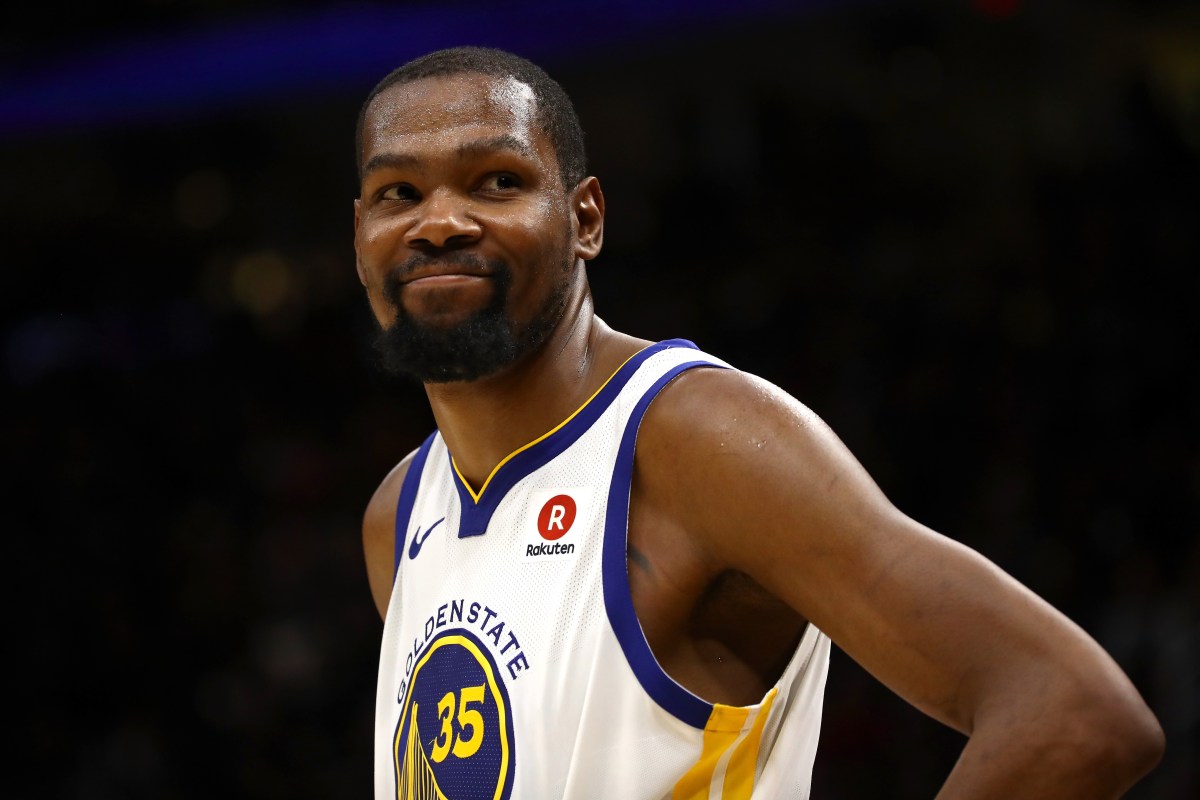 Kevin Durant #35 of the Golden State Warriors reacts against the Cleveland Cavaliers in the second half during Game Three of the 2018 NBA Finals at Quicken Loans Arena on June 6, 2018 in Cleveland, Ohio. (Photo by Gregory Shamus/Getty Images)