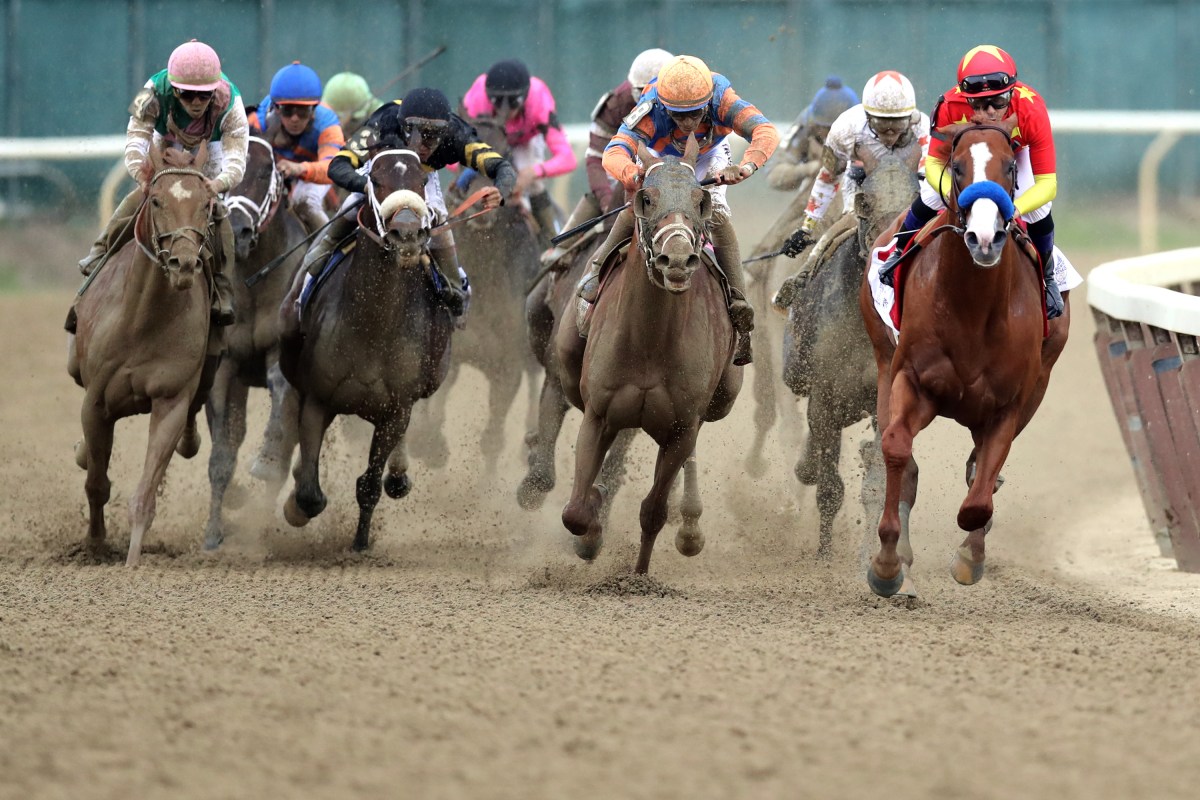 Justify #1, ridden by jockey Mike Smith leads the field around the 4th turn during the 150th running of the Belmont Stakes at Belmont Park on June 9, 2018 in Elmont, New York. Justify becomes the thirteenth Triple Crown winner and the first since American Pharoah in 2015.  (Photo by Jim McIsaac/Getty Images)
