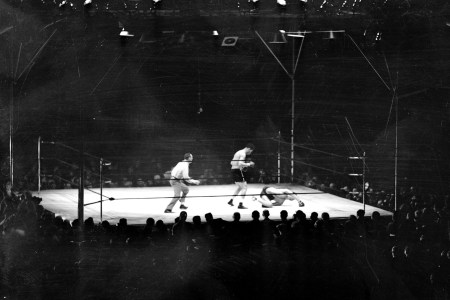 Joe Louis vs Max Schmeling., Both hands on the canvas, Max tries to get his bearings. No dice. He was back in his native Germany as far as last night's fight was concerned. Joe's terrific punching was too much.  (NY Daily News Archive via Getty Images)
