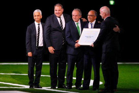 FIFA president Gianni Infantino (r) poses with the United 2026 bid (Canada, Mexico, US) officials: Left-Right Sunil Gulati president of the United States Soccer Federation, CONCACAF President Victor Montagliani, president of the Mexican Football Association Decio de Maria Serrano, president of the United States Football Association Carlos Cordeiro and Steve Reed president of the Canadian Soccer Association (hidden) after the announcement of the host for the 2026 FIFA World Cup went to United 2026 bid during the 68th FIFA Congress at Moscow's Expocentre on June 13, 2018 in Moscow, Russia. (Kevin C. Cox/Getty Images)