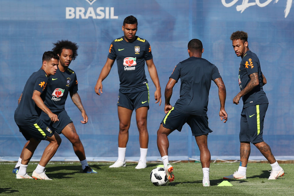 Brazil players take part in a drill during a Brazil training session ahead of the FIFA World Cup 2018 at Yug-Sport Stadium on June 13, 2018 in Sochi, Russia.  (Photo by Buda Mendes/Getty Images)