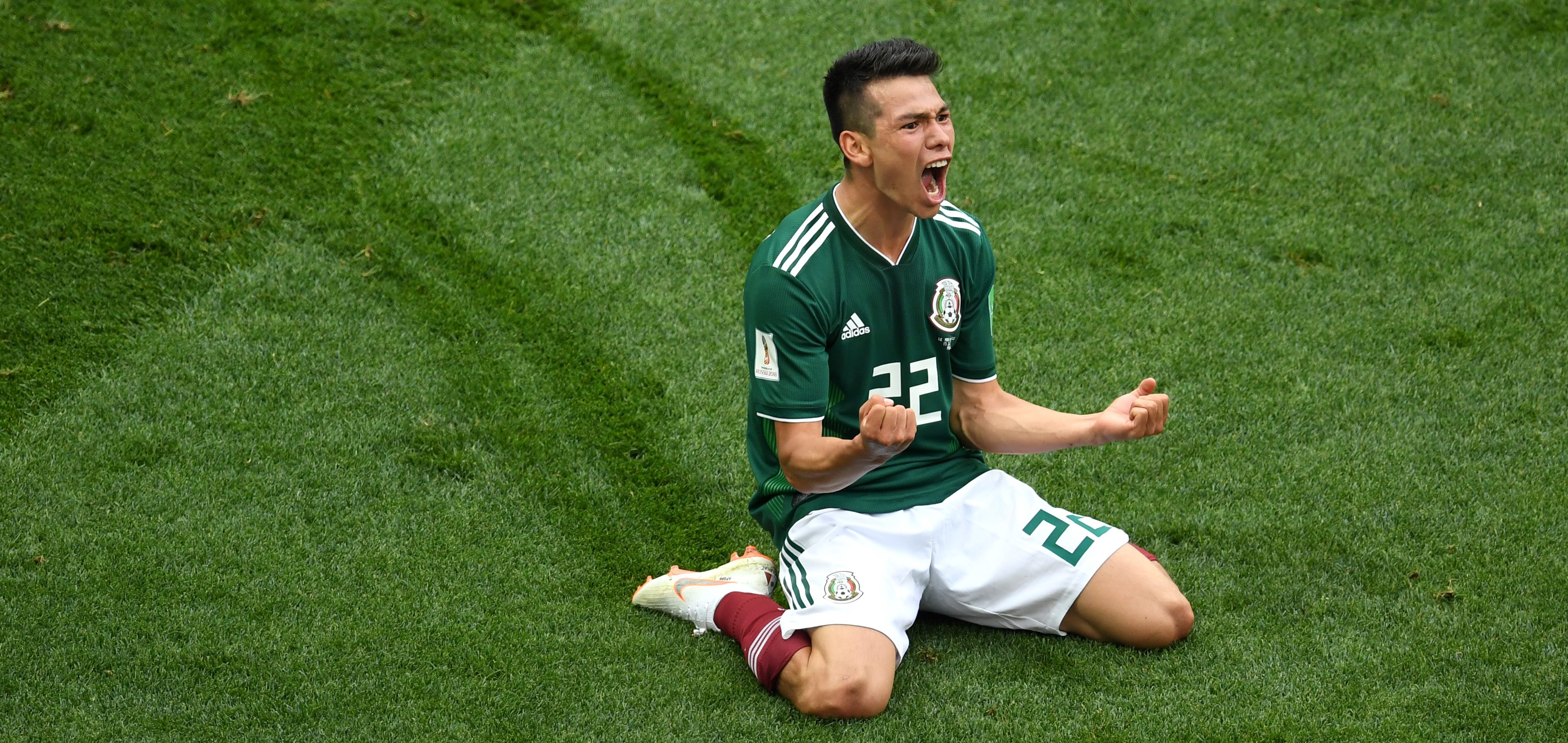 Hirving Lozano of Mexico celebrates by sliding on his knees after scoring his team's first goal during the 2018 FIFA World Cup Russia group F match between Germany and Mexico at Luzhniki Stadium on June 17, 2018 in Moscow, Russia.  (Matthias Hangst/Getty Images)