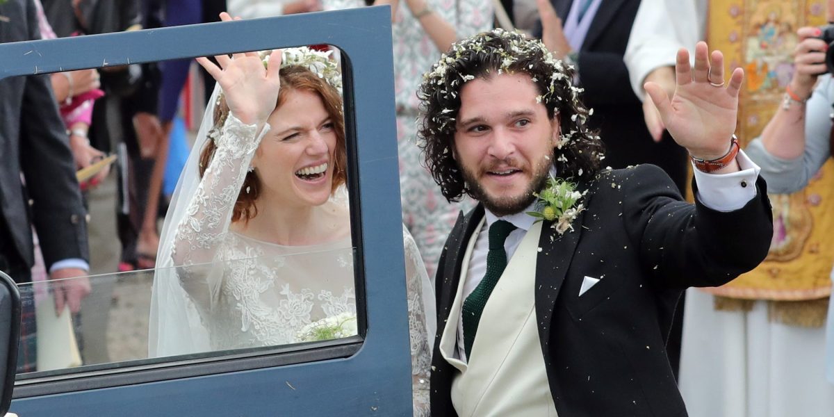 Kit Harrington and Rose Leslie departing Rayne Church in Kirkton on Rayne after their wedding on June 23, 2018 in Aberdeen, Scotland. (Photo by Mark Milan/GC Images)