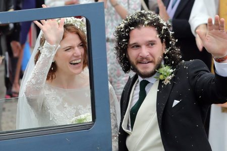 Kit Harrington and Rose Leslie departing Rayne Church in Kirkton on Rayne after their wedding on June 23, 2018 in Aberdeen, Scotland. (Photo by Mark Milan/GC Images)