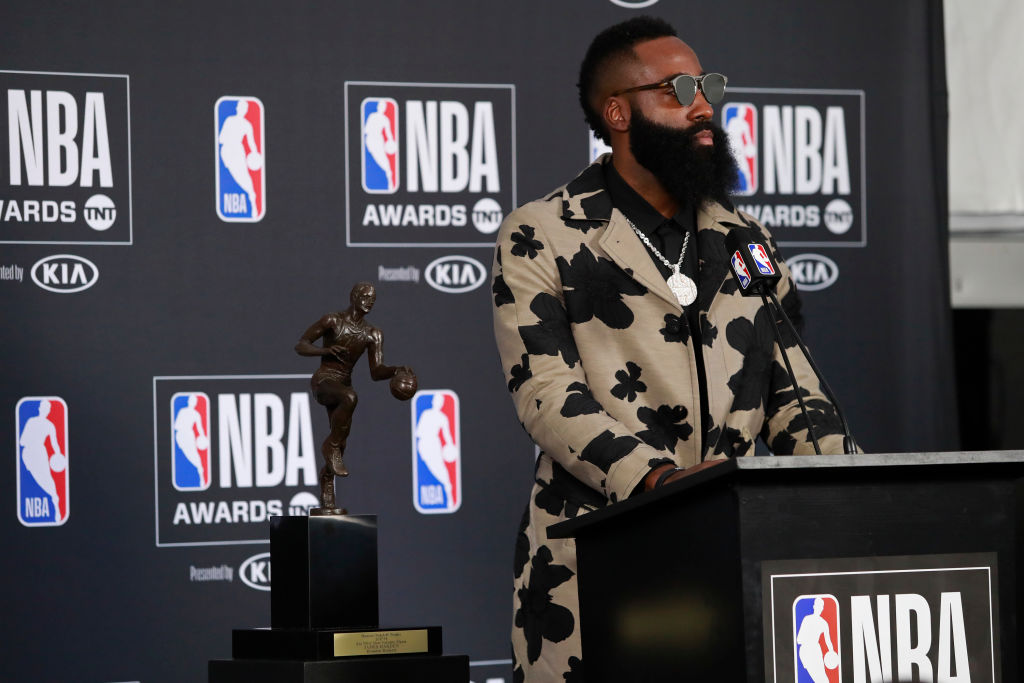 James Harden #13 of the Houston Rockets talks to the media during a press conference after winning the Most Valuable Player Award at the NBA Awards Show on June 25, 2018 at the Barker Hangar in Santa Monica, California. (Photo by Will Navarro/NBAE via Getty Images)