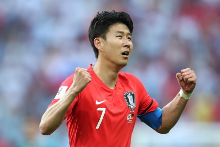Son Heung-min of Korea Republic celebrates following the 2018 FIFA World Cup Russia group F match between Korea Republic and Germany at Kazan Arena on June 27, 2018 in Kazan, Russia.  (Catherine Ivill/Getty Images)