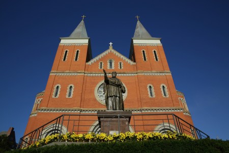 An exterior view of Saint Vincent Basilica during a Celebration of Arnold Palmer at Saint Vincent College on October 4, 2016 in Latrobe, Pennsylvania. Palmer, a golf legend who won 62 PGA tour titles over the course of his sixty-year career, died on September 25, 2016 at age 87.  (Photo by Hunter Martin/Getty Images)