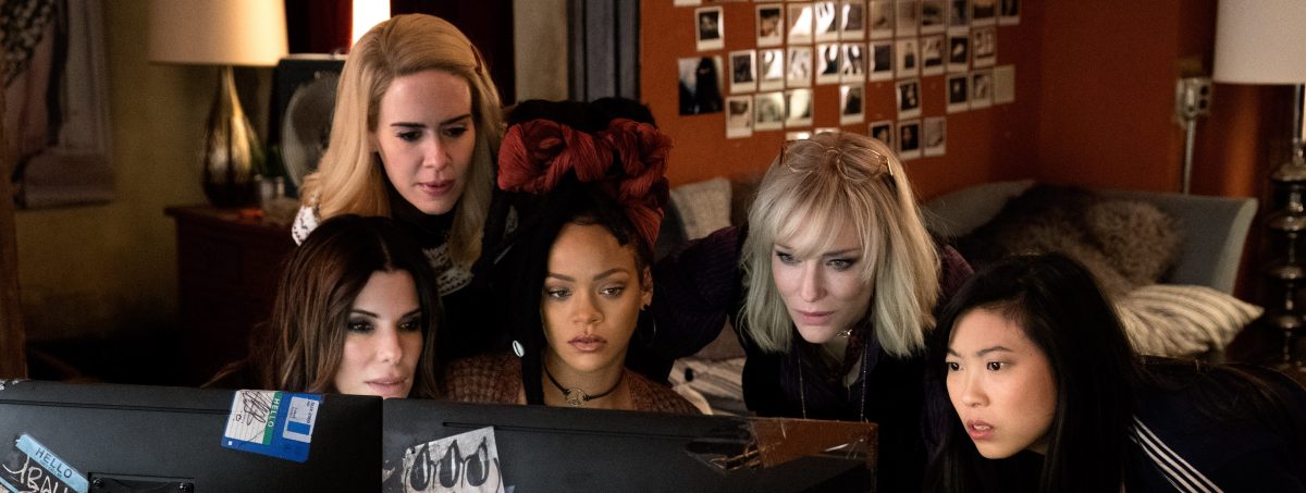 (From l.) SANDRA BULLOCK as Debbie Ocean, SARAH PAULSON as Tammy, RIHANNA as Nine Ball, CATE BLANCHETT as Lou and AWKWAFINA as Constance in Warner Bros. Pictures' and Village Roadshow Pictures' "OCEANS 8," a Warner Bros. Pictures release. (Barry Wetcher/ © 2018 WARNER BROS. ENTERTAINMENT INC.)

