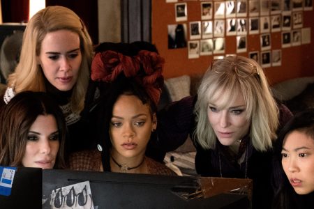 (From l.) SANDRA BULLOCK as Debbie Ocean, SARAH PAULSON as Tammy, RIHANNA as Nine Ball, CATE BLANCHETT as Lou and AWKWAFINA as Constance in Warner Bros. Pictures' and Village Roadshow Pictures' "OCEANS 8," a Warner Bros. Pictures release. (Barry Wetcher/ © 2018 WARNER BROS. ENTERTAINMENT INC.)

