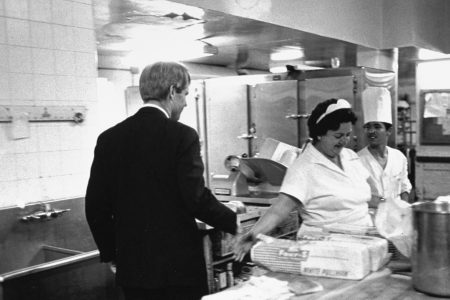 Sen. Robert Kennedy shaking hands with kitchen help en route to podium in ballroom to deliver his victory speech at the Ambassador Hotel prior to his assassination. This is the 50th anniversary of RFK's death. (Bill Eppridge/The LIFE Picture Collection/Getty Images)