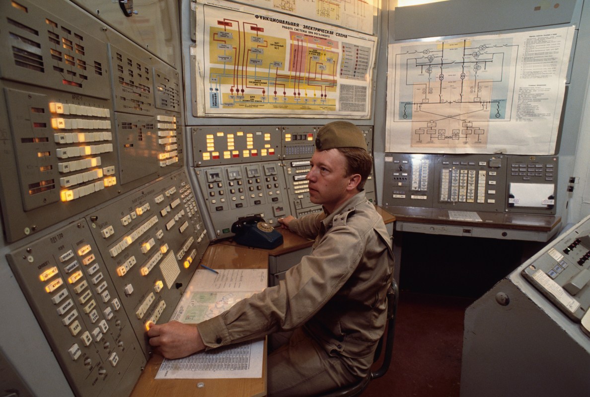 Control room at nuclear missile base, outside of Moscow. (Robert Wallis/Corbis via Getty Images)