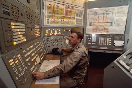 Control room at nuclear missile base, outside of Moscow. (Robert Wallis/Corbis via Getty Images)