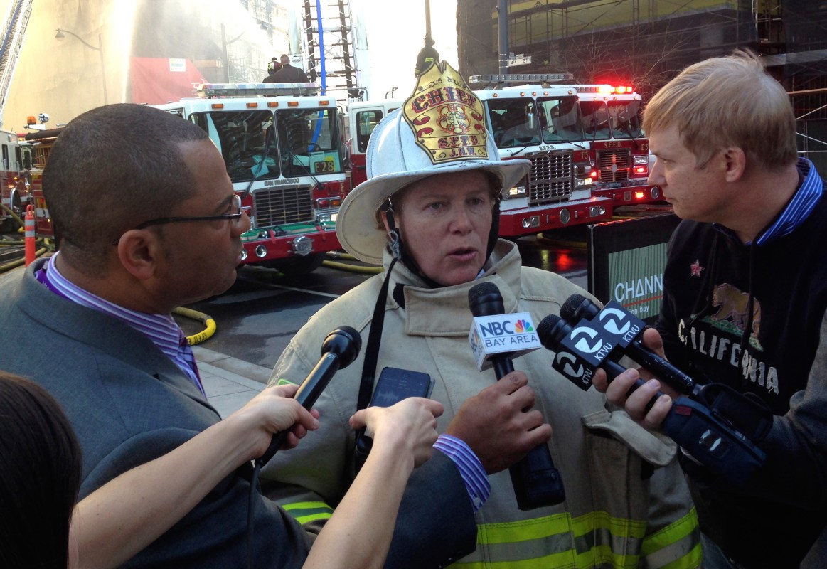 San Francisco fire Chief Joanne Hayes-White speaks to the media about the fire at a multi-story building under construction in Mission Bay neighborhood of San Francisco on March 11, 2014. (Photo by Tayfun Coskun/Anadolu Agency/Getty Images)