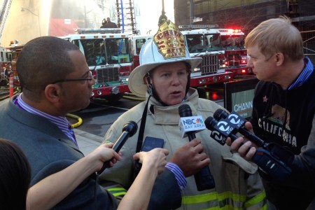San Francisco fire Chief Joanne Hayes-White speaks to the media about the fire at a multi-story building under construction in Mission Bay neighborhood of San Francisco on March 11, 2014. (Photo by Tayfun Coskun/Anadolu Agency/Getty Images)